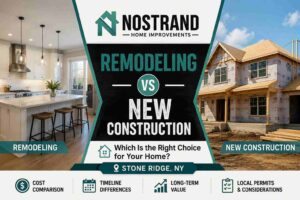 Split illustration comparing remodeling vs new construction for a Stone Ridge, NY home
